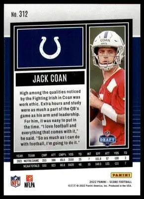 Jack Coan Rookie 2022 Score #312 Indianapolis Colts - Football Card Single