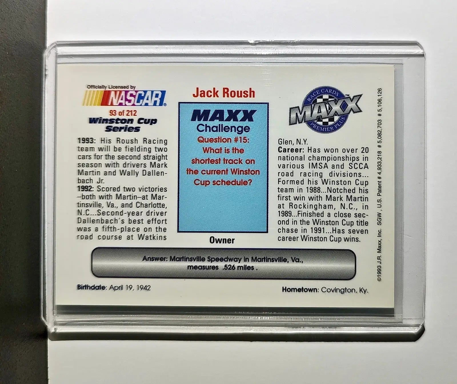 Jack Roush 1993 Maxx Premier Plus Racing #93 NASCAR Card Roush Racing