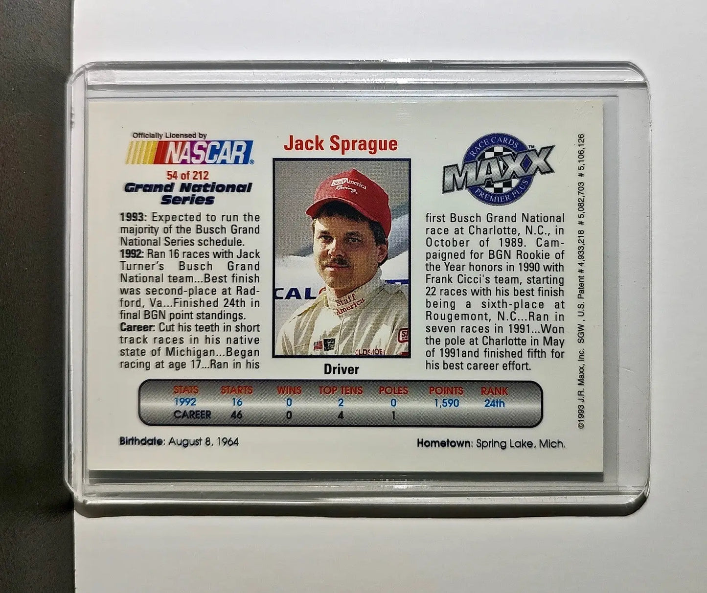 Jack Sprague 1993 Maxx Premier Plus Racing #54 NASCAR Card BACE Motorsports