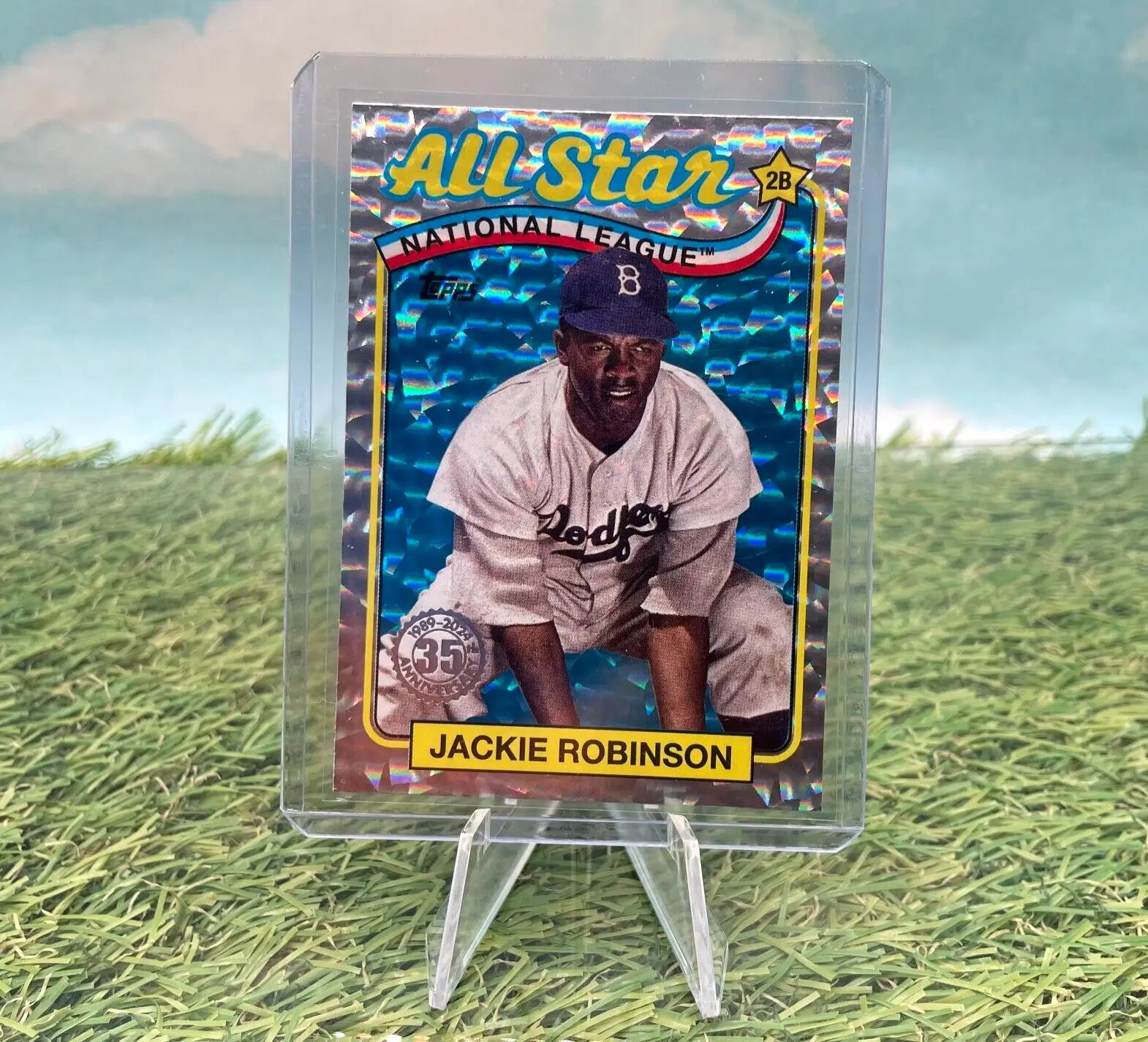 Jackie Robinson Topps baseball card featuring iconic Brooklyn Dodgers player in silver foil