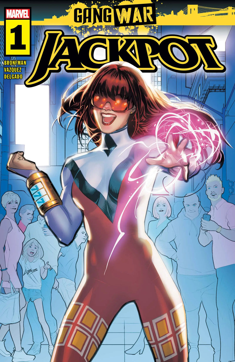 Comic book cover of Jackpot 1 featuring superhero in red with pink energy effects