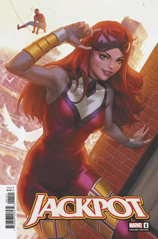 Comic book cover art of Mary Jane in red and white costume for Jackpot Variant trading cards