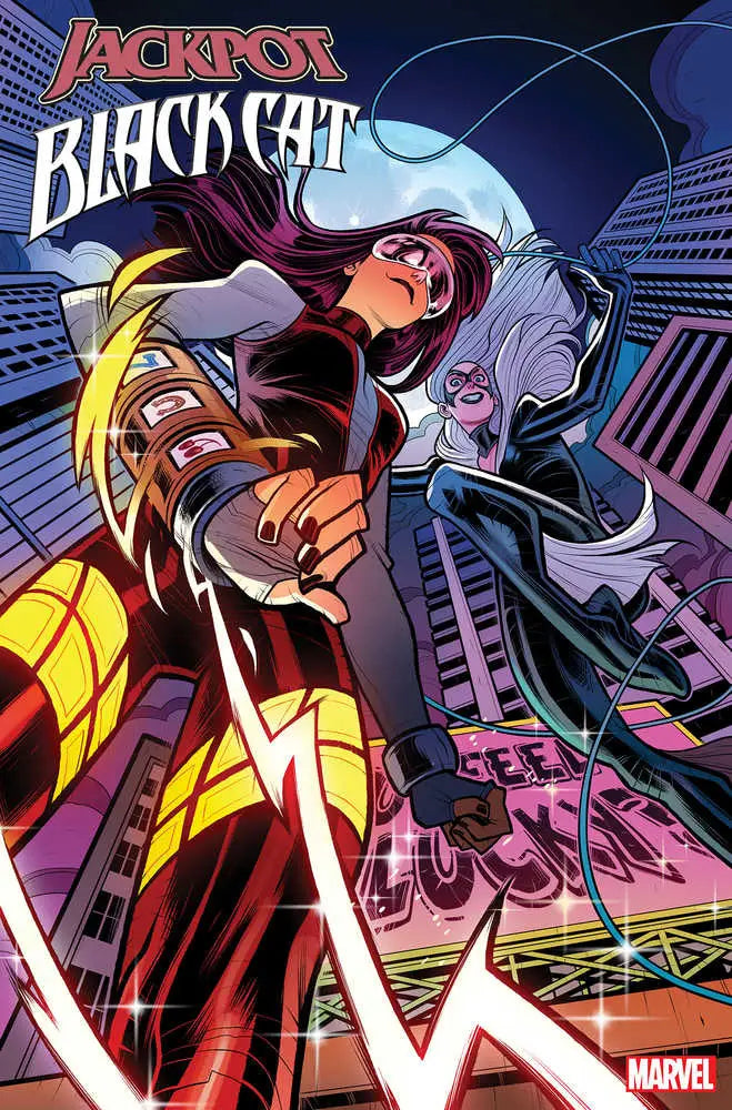 Black Cat swings through cityscape on Jackpot Black Cat #3 Elizabeth Torque Variant cover