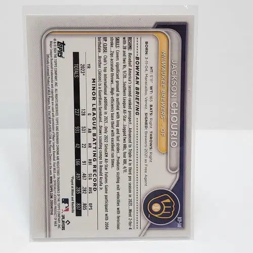 Jackson Chourio Bowman Chrome prospects baseball card with minor league stats and skills