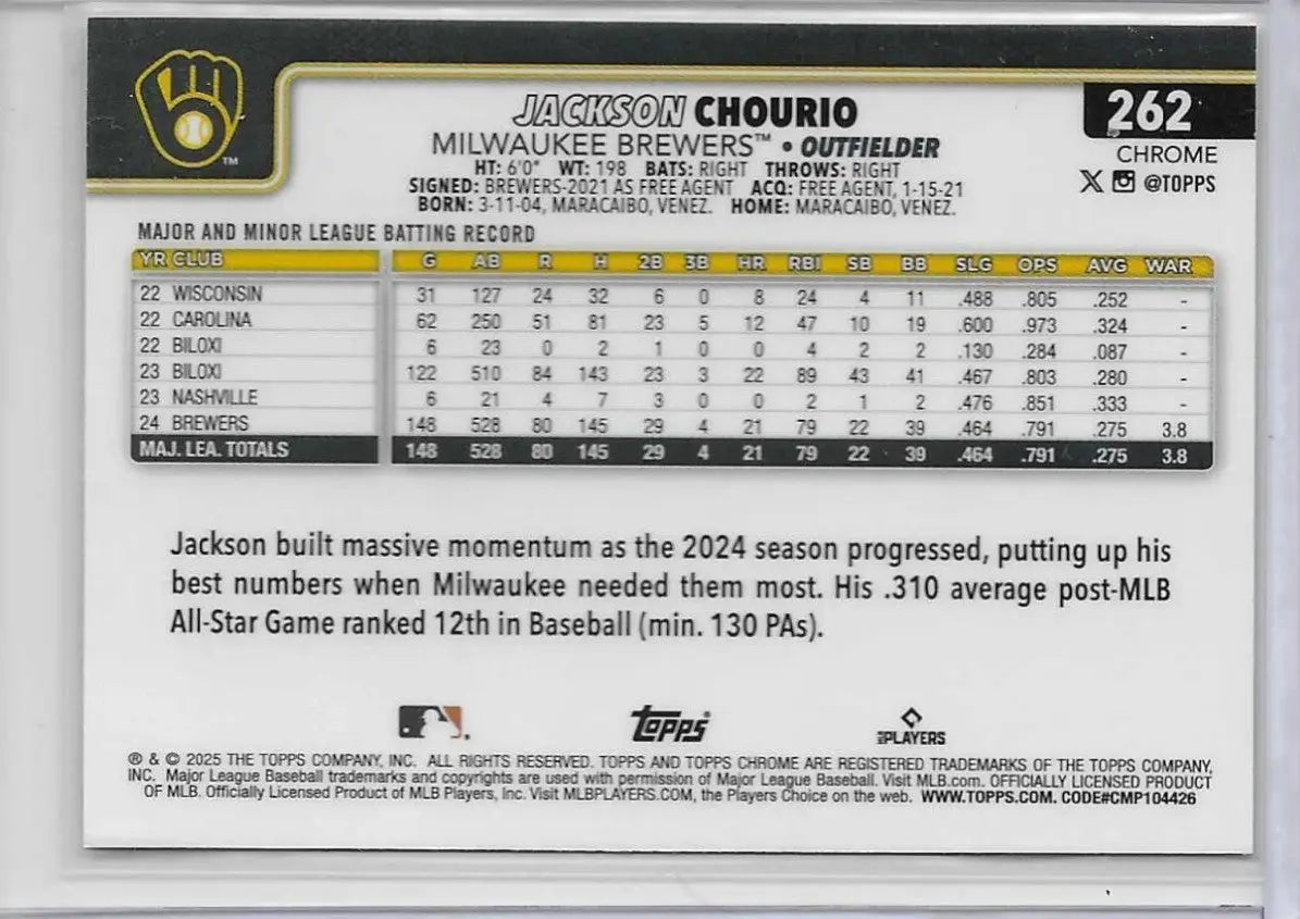 JACKSON CHOURIO GOLD CUP 2025 Topps Chrome RAY WAVE REFRACTOR #262 BREWERS A17 - Baseball Card Single