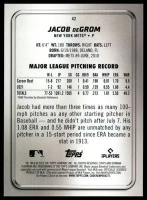 Jacob deGrom 2022 Bowman Platinum #42 New York Mets - Baseball Card Single
