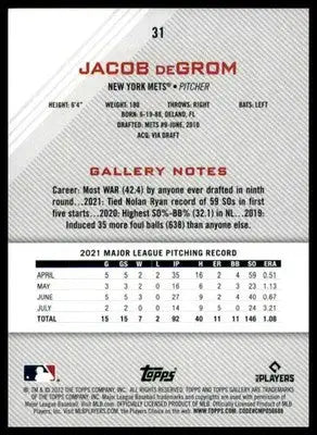Jacob deGrom 2022 Topps Gallery #31 New York Mets - Baseball Card Single