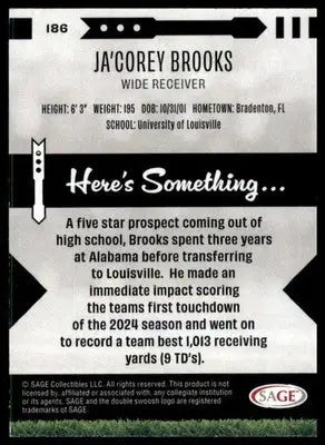 Ja’Corey Brooks 2025 SAGE HIT #186 Louisville Cardinals - Football Card Single