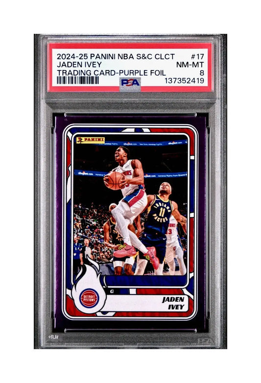Jaden Ivey 2024-25 Panini NBA #17 Sticker 50/75 Purple Foil PSA 8 NM-MT - Basketball Card Single