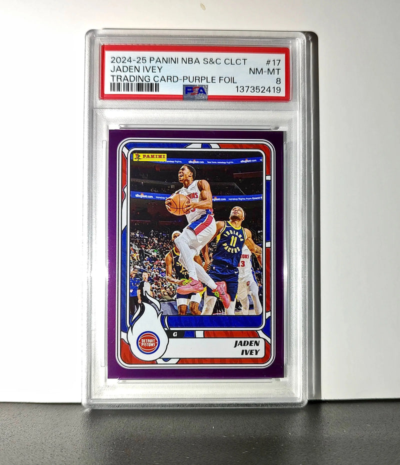 Jaden Ivey 2024-25 Panini NBA #17 Sticker 50/75 Purple Foil PSA 8 NM-MT - Basketball Card Single