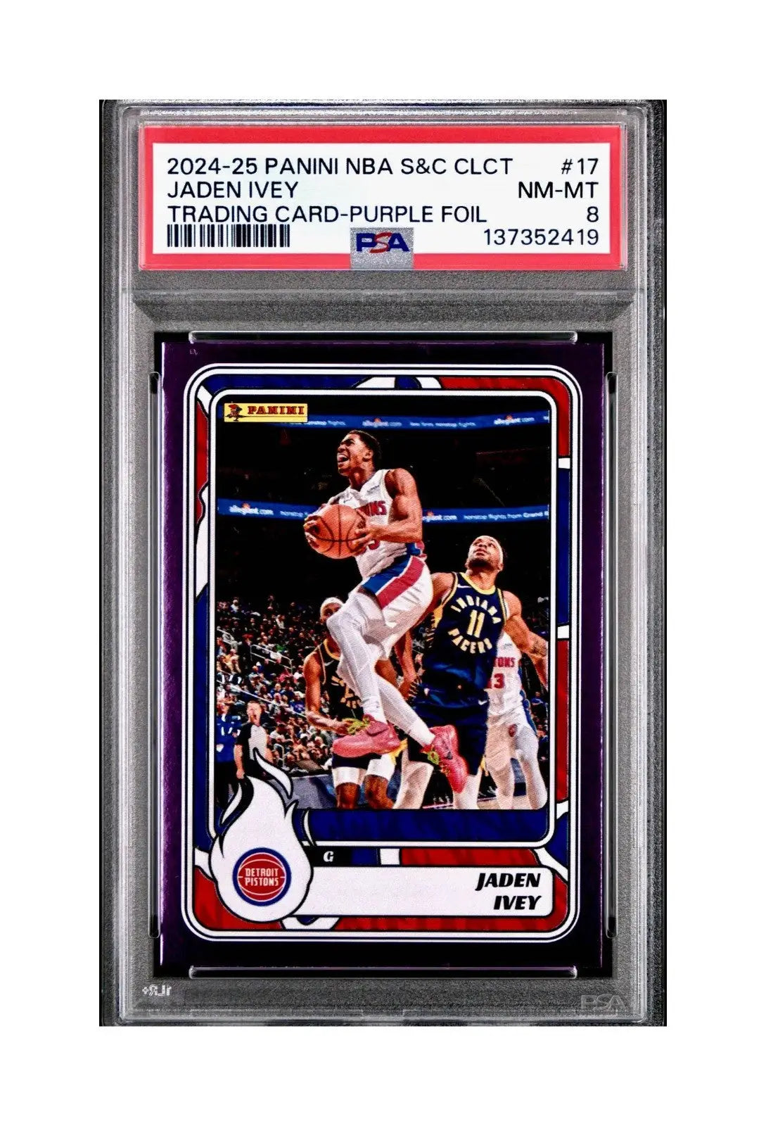 Jaden Ivey 2024-25 Panini NBA #17 Sticker 50/75 Purple Foil PSA 8 NM-MT - Basketball Card Single
