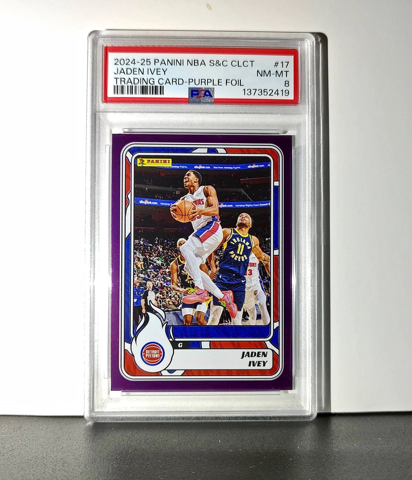 Jaden Ivey 2024-25 Panini NBA #17 Sticker 50/75 Purple Foil PSA 8 NM-MT - Basketball Card Single