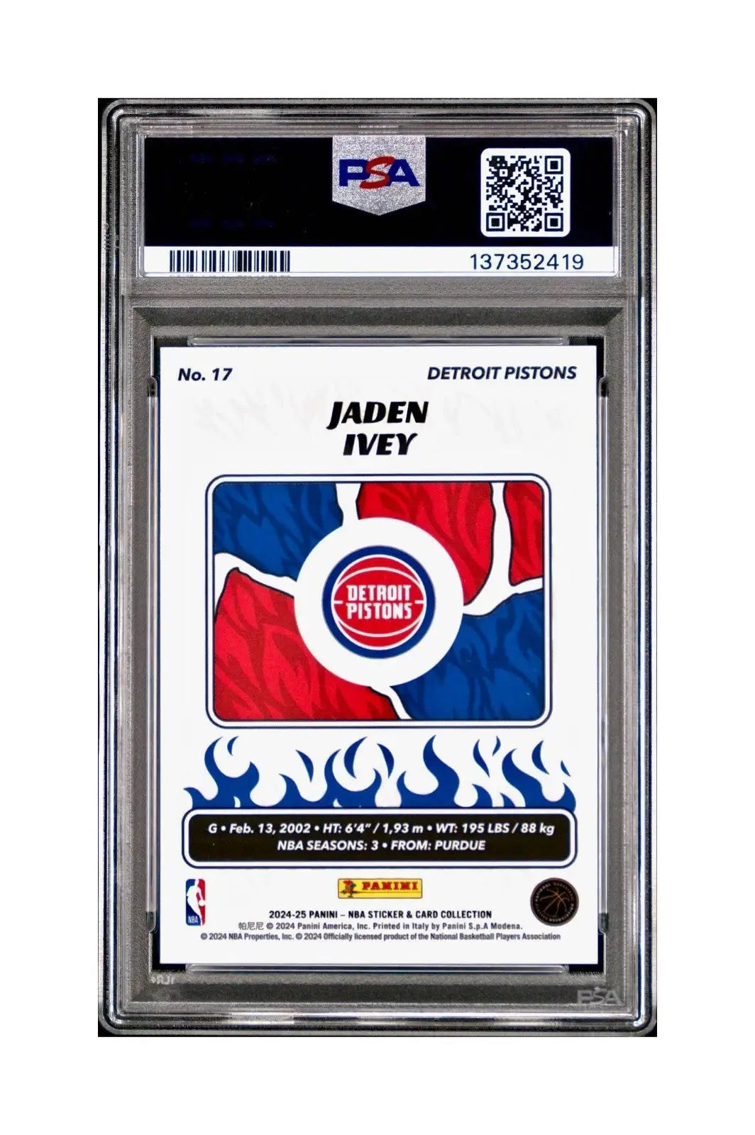 Jaden Ivey 2024-25 Panini NBA #17 Sticker 50/75 Purple Foil PSA 8 NM-MT - Basketball Card Single