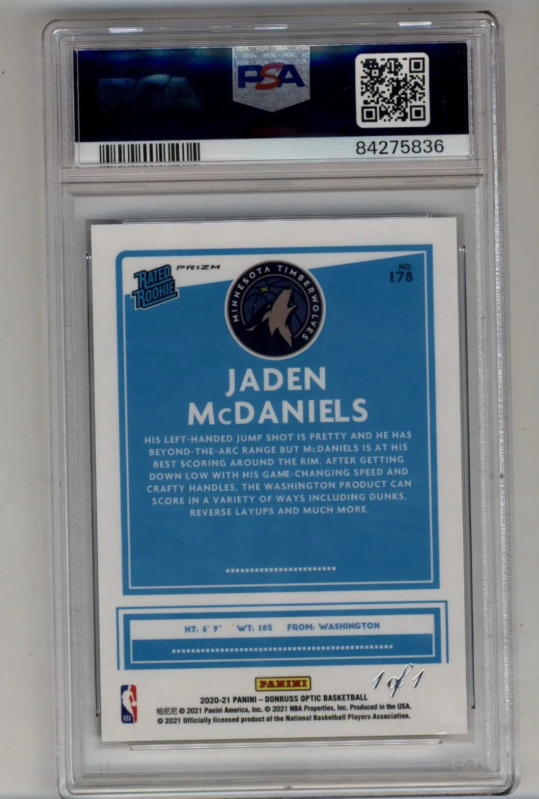 Jaden McDaniels 2020-21 Donruss Optic Fast Break Black 1/1 PSA Authentic - Basketball Card Single