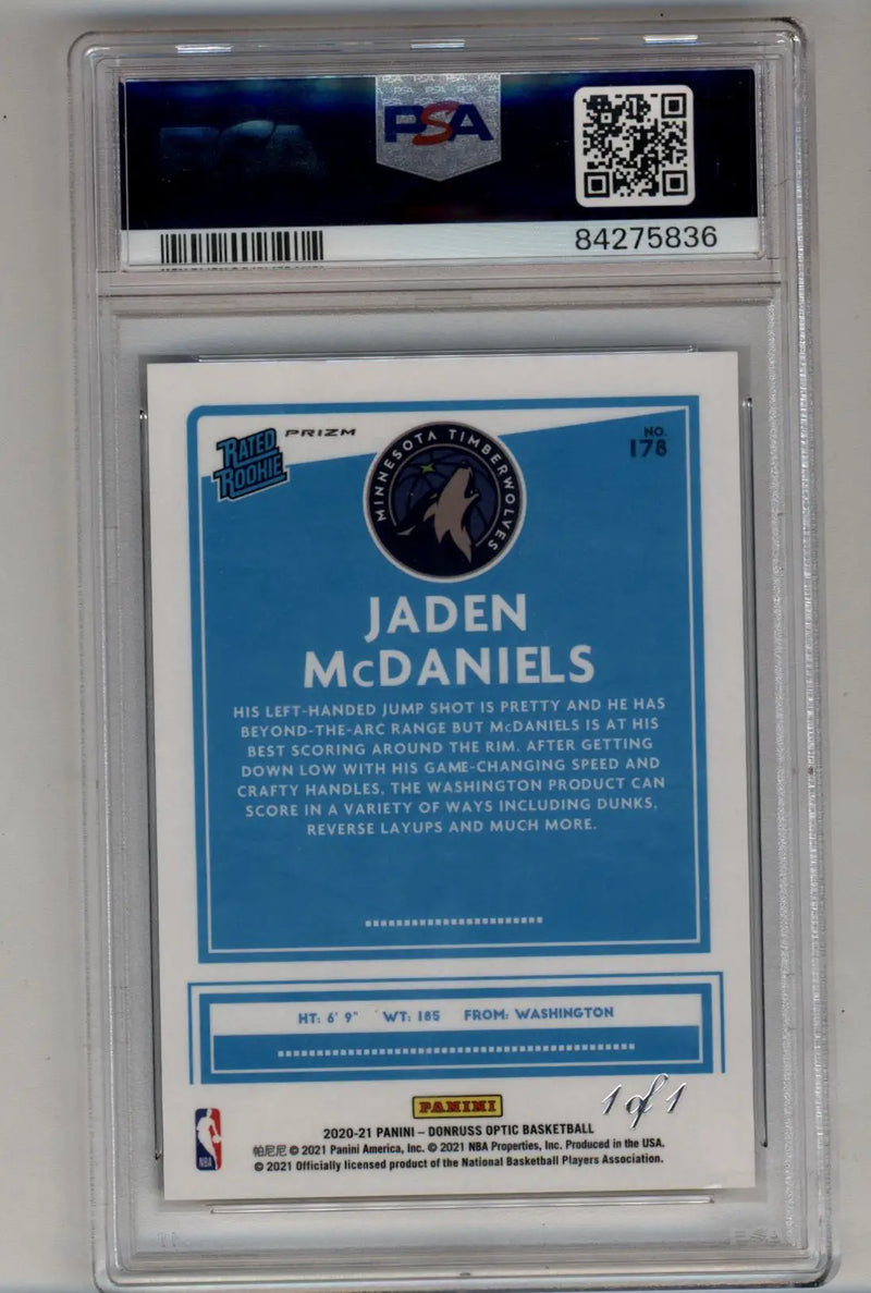 Jaden McDaniels 2020-21 Donruss Optic Fast Break Black 1/1 PSA Authentic - Basketball Card Single