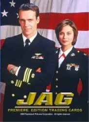Military officers pose with American flag on JAG Premiere Edition promo card