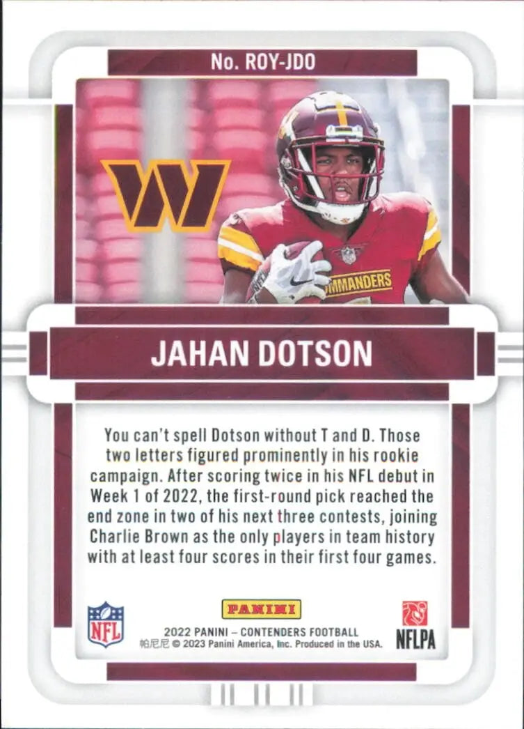 Jahan Dotson 2022 Panini Contenders Rookie of the Year #ROY-JDO Commanders Card - Football Card Single