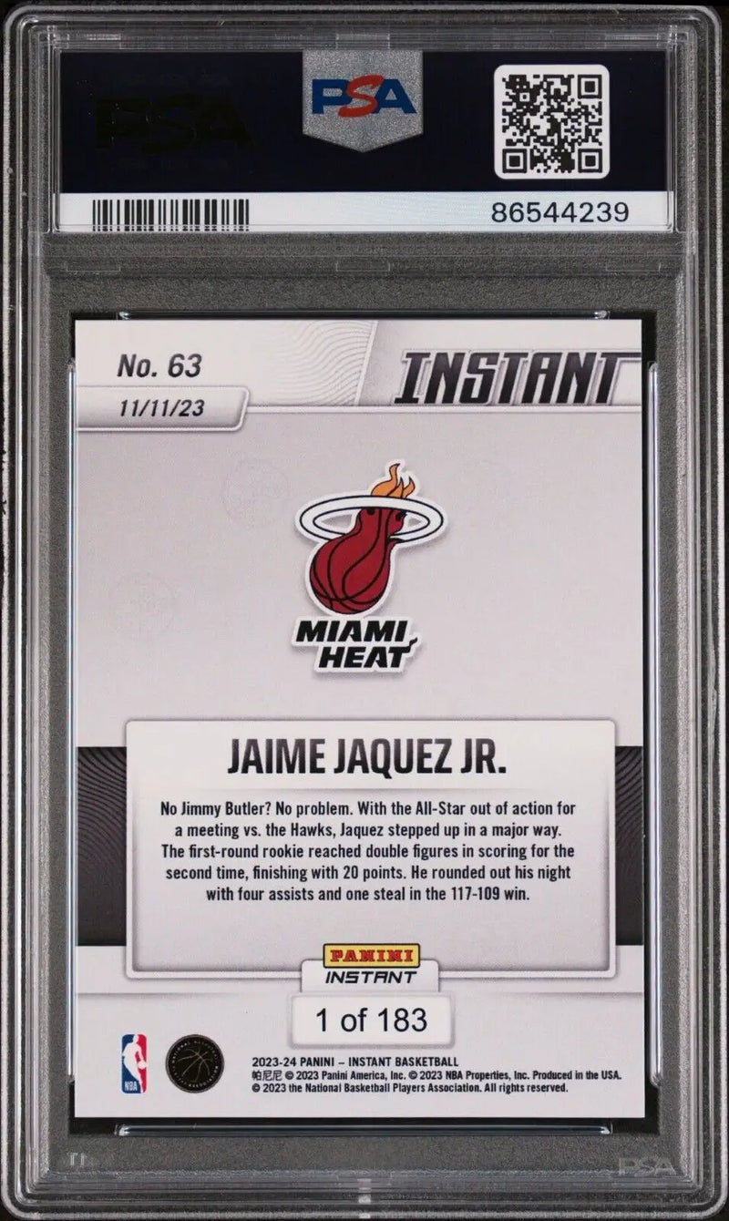 Jaime Jaquez Jr. 2023-24 Panini #63 NBA Rookie Card Heat 1 of 183 PSA 8 NM-Mint - Basketball Card Single