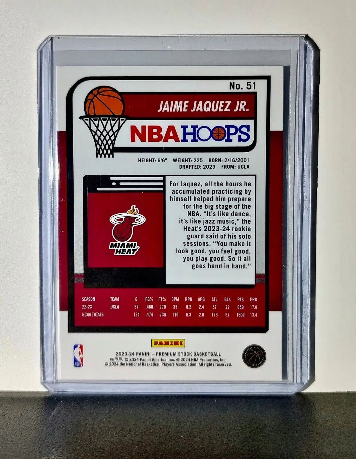 Jaime Jaquez Jr. 2023-24 Panini Premium Stock NBA Hoops #51 Rookie Card Heat