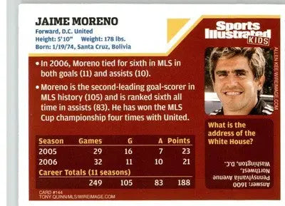 Jaime Moreno - 2007 Sports Illustrated for Kids - NM - #144 - Soccer Card Single
