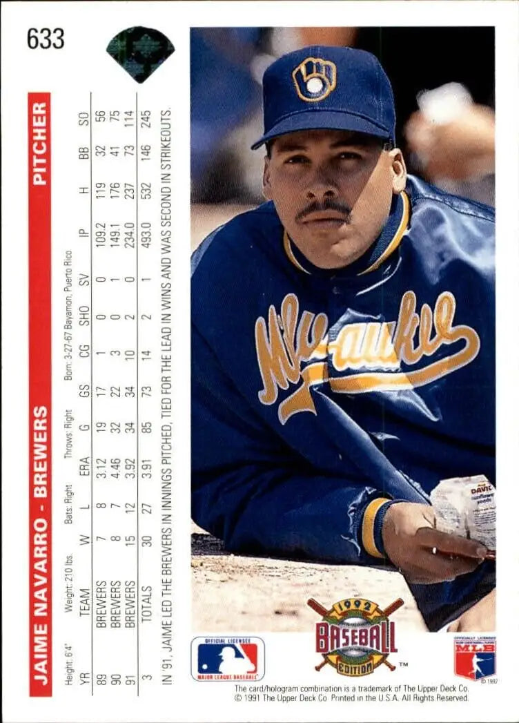 Jaime Navarro 1992 Upper Deck MLB #633 Baseball Card Milwaukee Brewers - Baseball Card Single