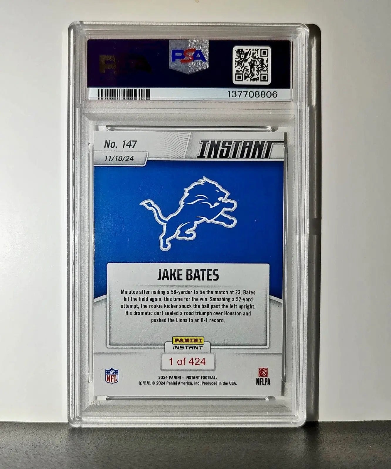 Jake Bates Rookie 2024 Panini NFL #147 Detroit Lions PSA 10 Auto 9 - Football Card Single