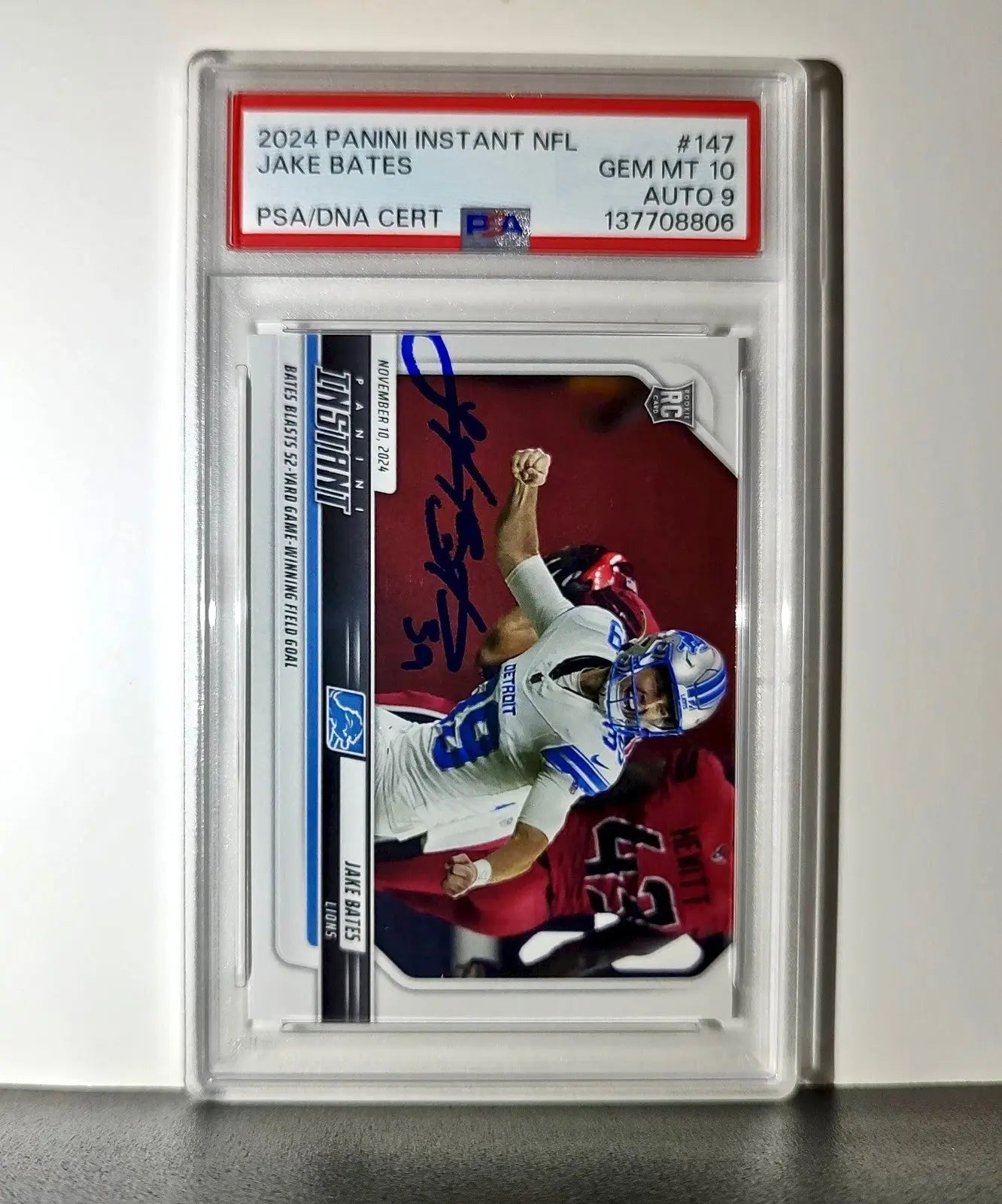 Jake Bates Rookie 2024 Panini NFL #147 Detroit Lions PSA 10 Auto 9 - Football Card Single
