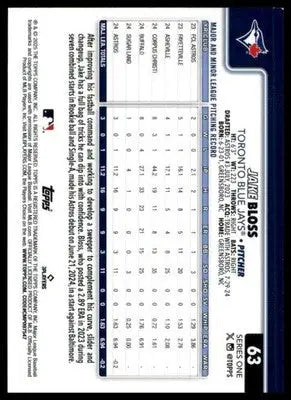 Jake Bloss Rookie 2025 Topps #63 Toronto Blue Jays - Baseball Card Single