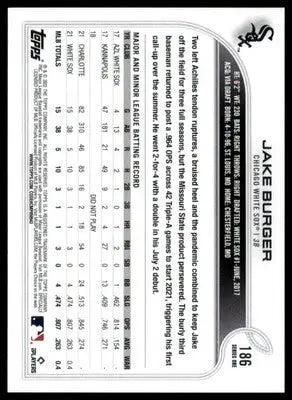 Jake Burger Rookie 2022 Topps #186 Chicago White Sox - Baseball Card Single