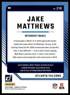 Jake Matthews 2024 Donruss #218 Atlanta Falcons Football Card NFL Sports - Football Card Single