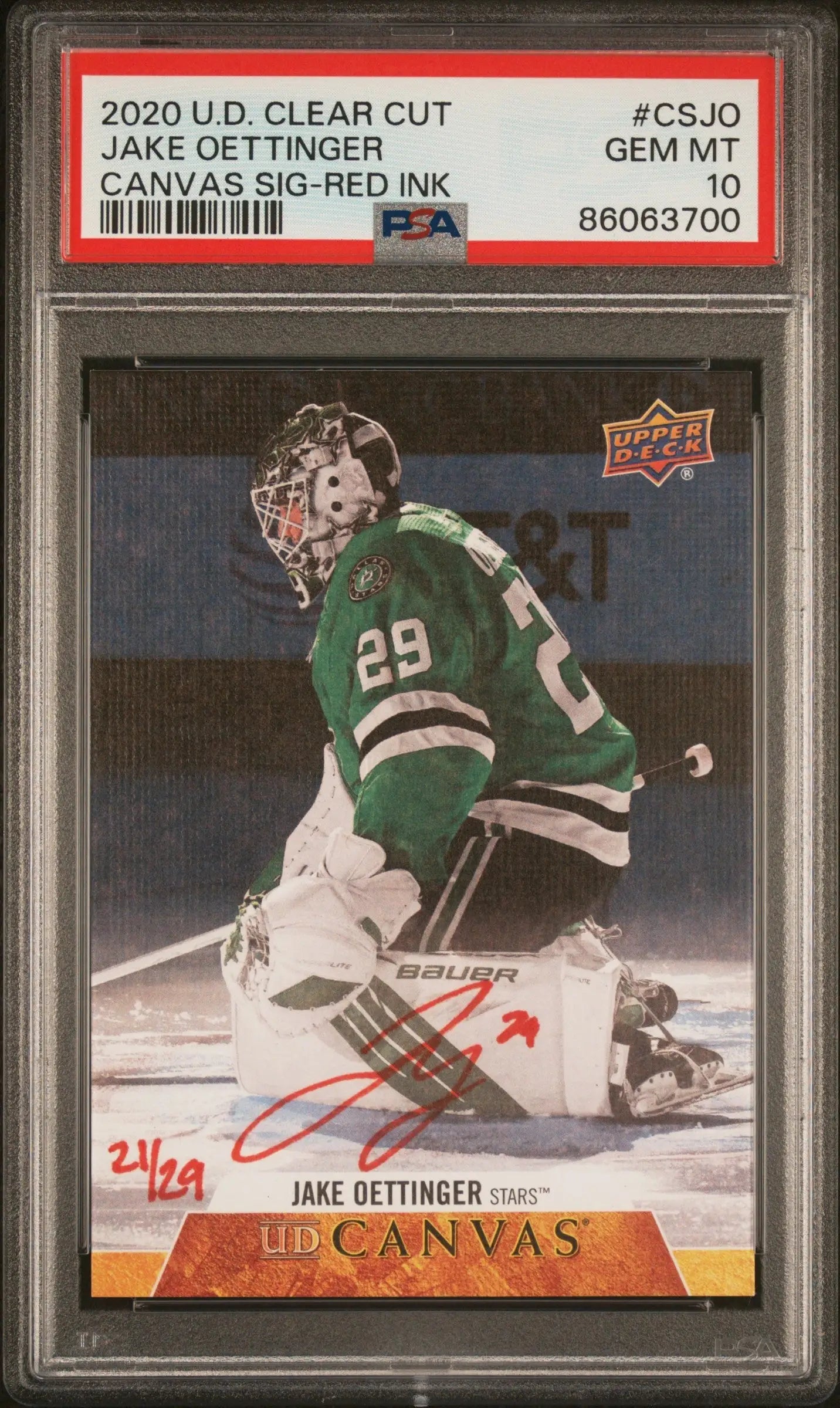 Jake Oettinger 2020 Upper Deck Clear Cut Canvas Auto #21/29 PSA 10 Gem Mint - Hockey Card Single