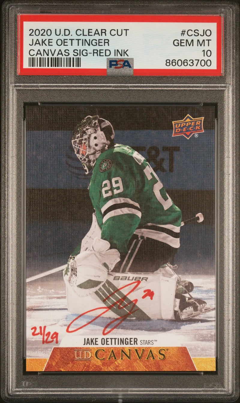 Jake Oettinger 2020 Upper Deck Clear Cut Canvas Auto #21/29 PSA 10 Gem Mint - Hockey Card Single