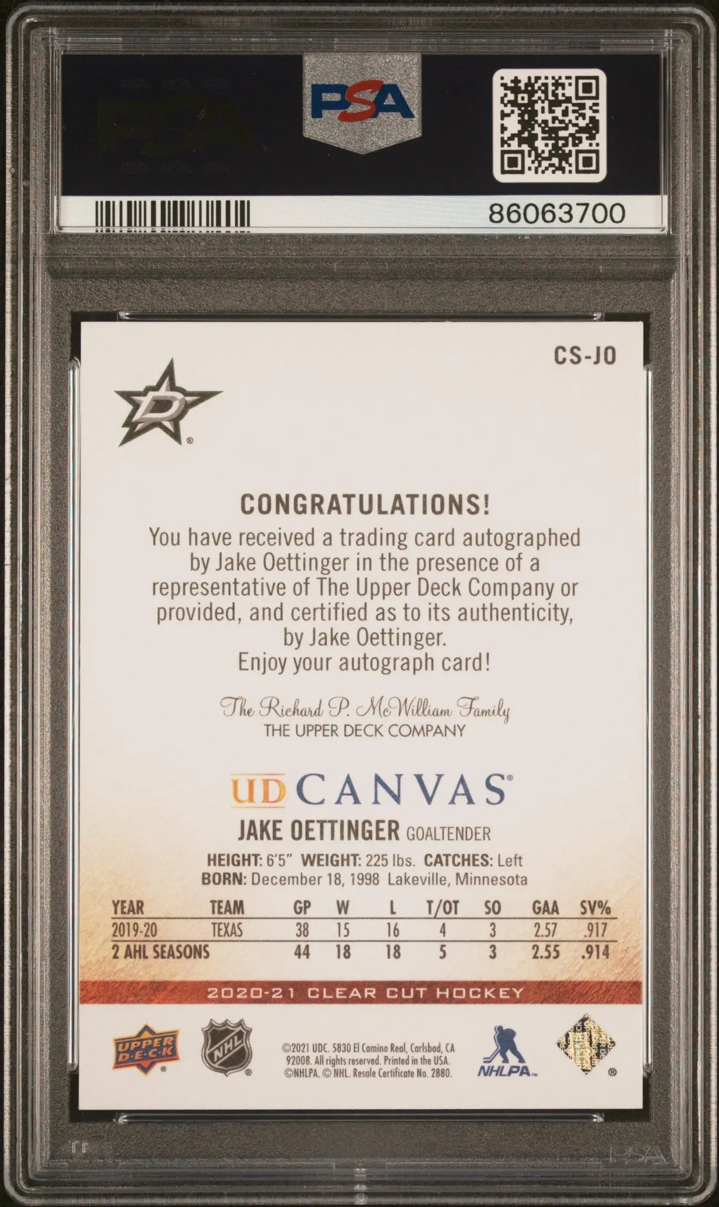 Jake Oettinger 2020 Upper Deck Clear Cut Canvas Auto #21/29 PSA 10 Gem Mint - Hockey Card Single