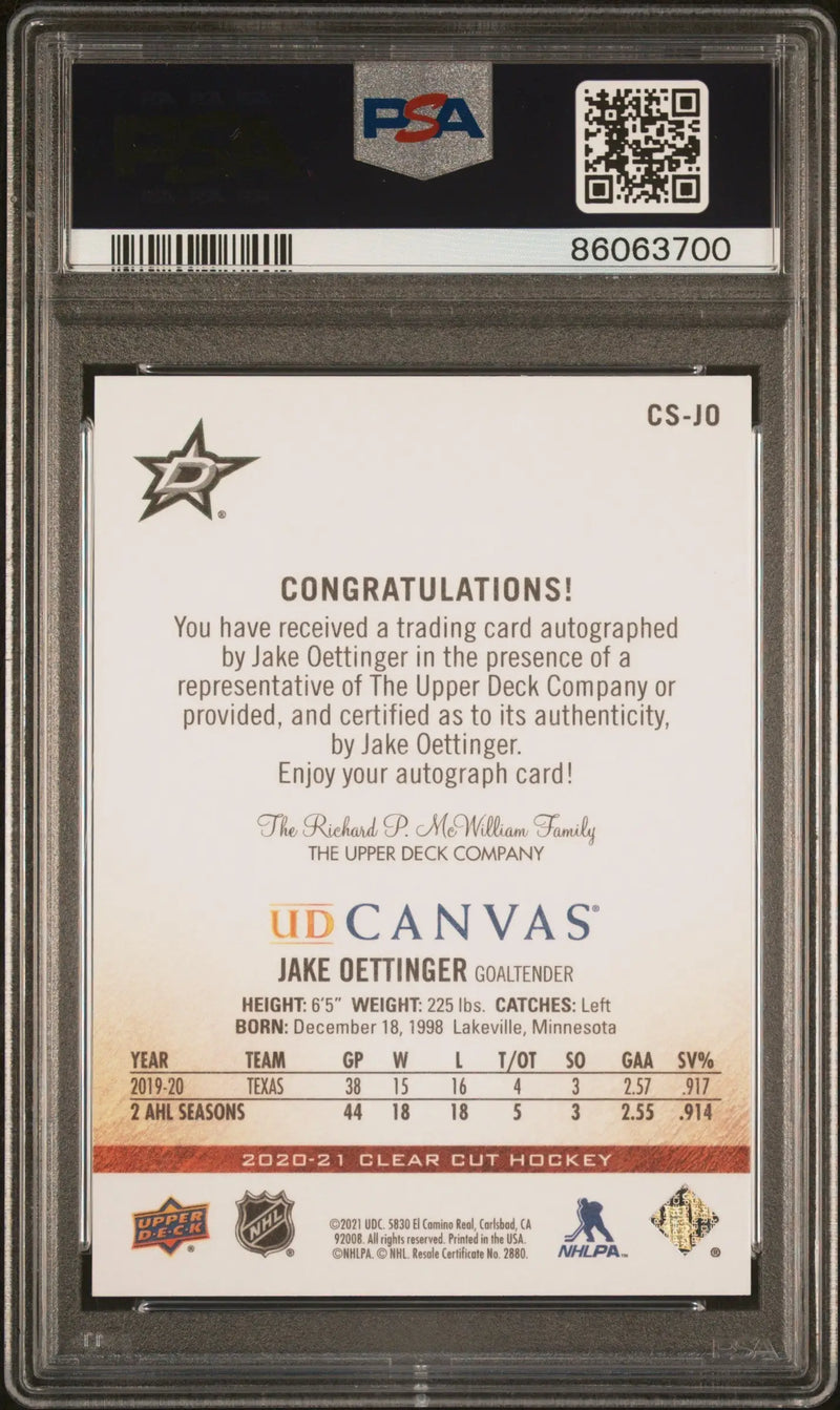 Jake Oettinger 2020 Upper Deck Clear Cut Canvas Auto #21/29 PSA 10 Gem Mint - Hockey Card Single