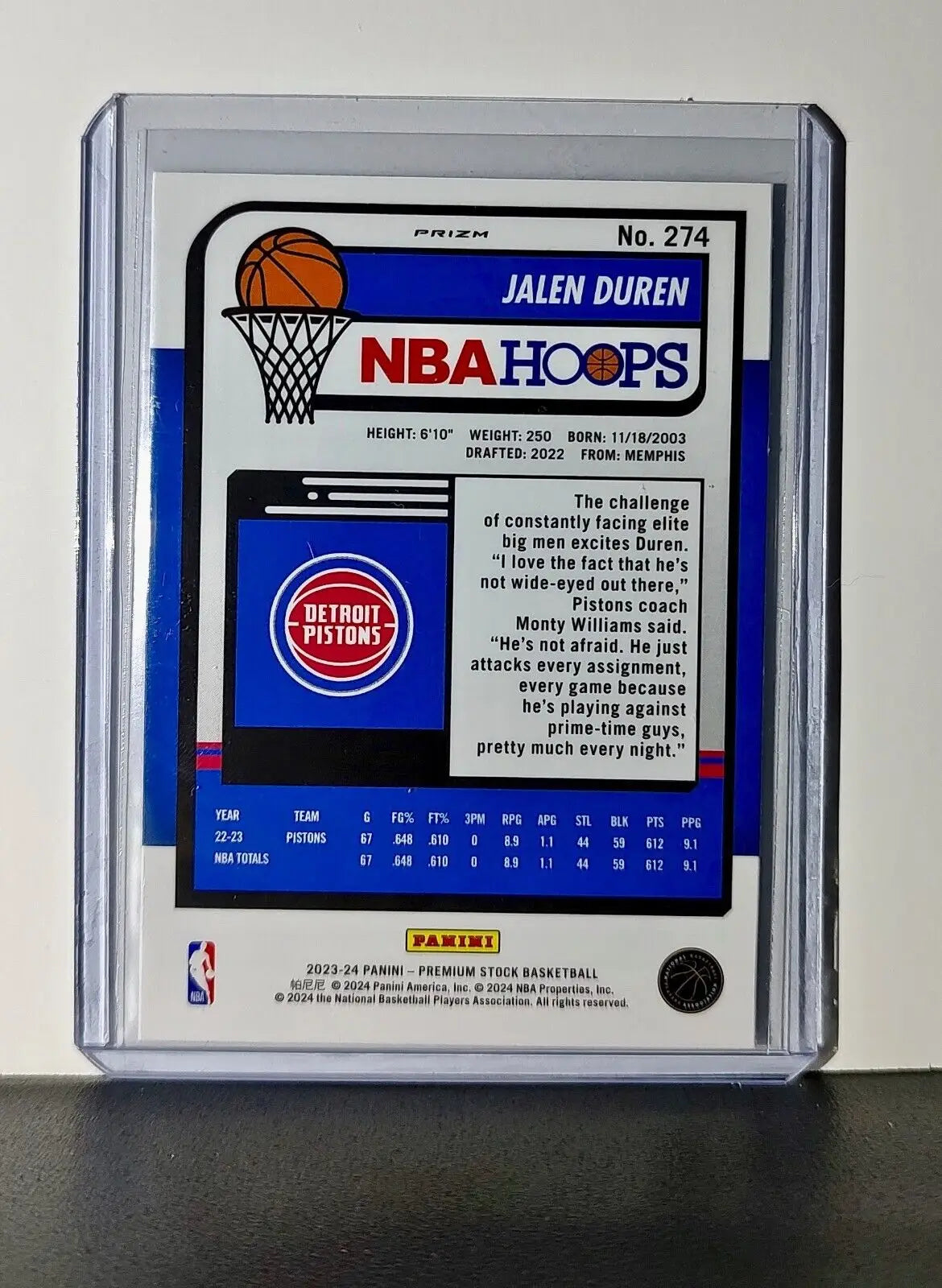 Jalen Duren 2023-24 Panini Premium Stock NBA Hoops #274 Prizm Refractor Pistons - Basketball Card Single
