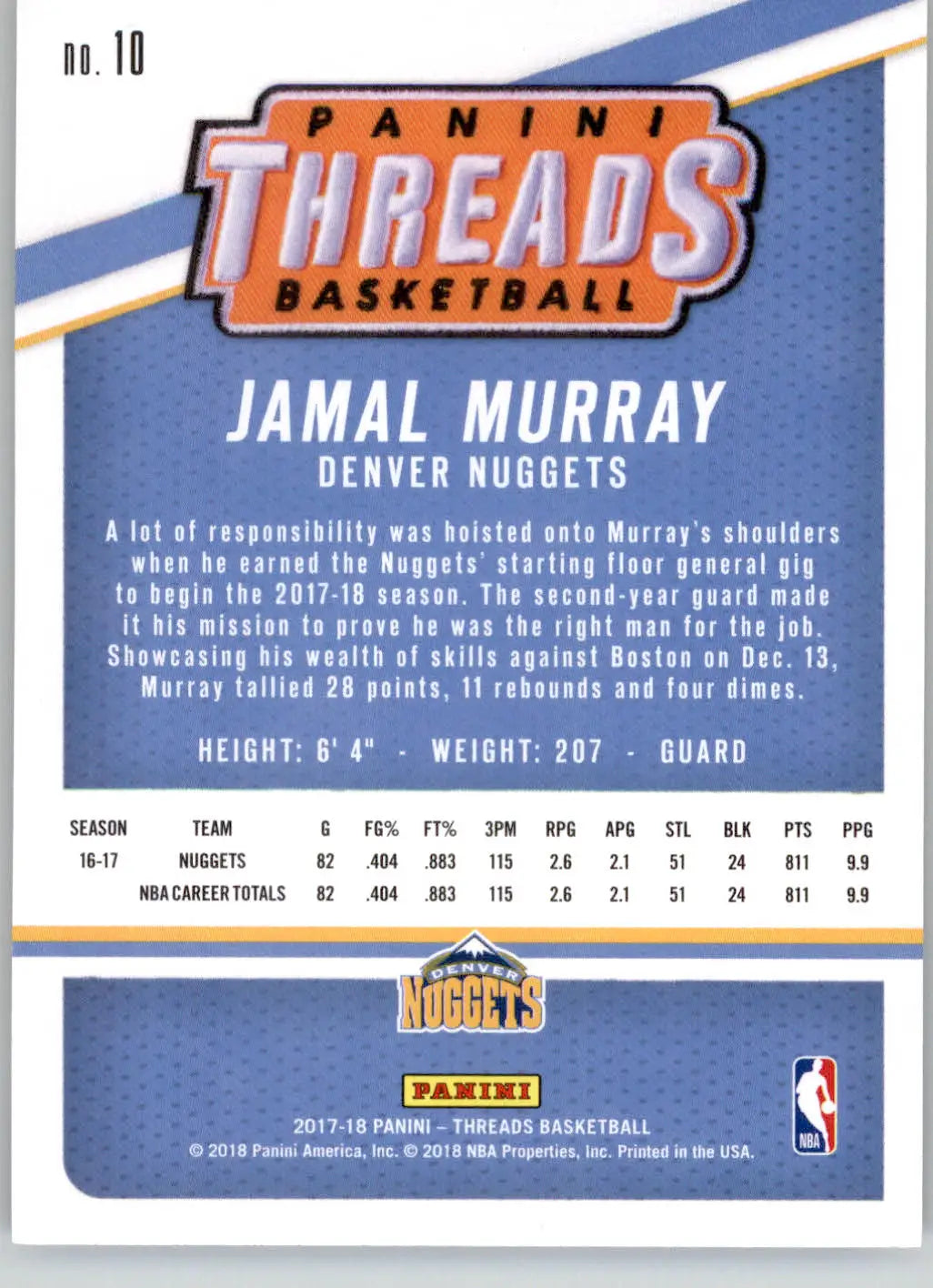 Jamal Murray - 2017-18 Panini Threads - #10 - Basketball