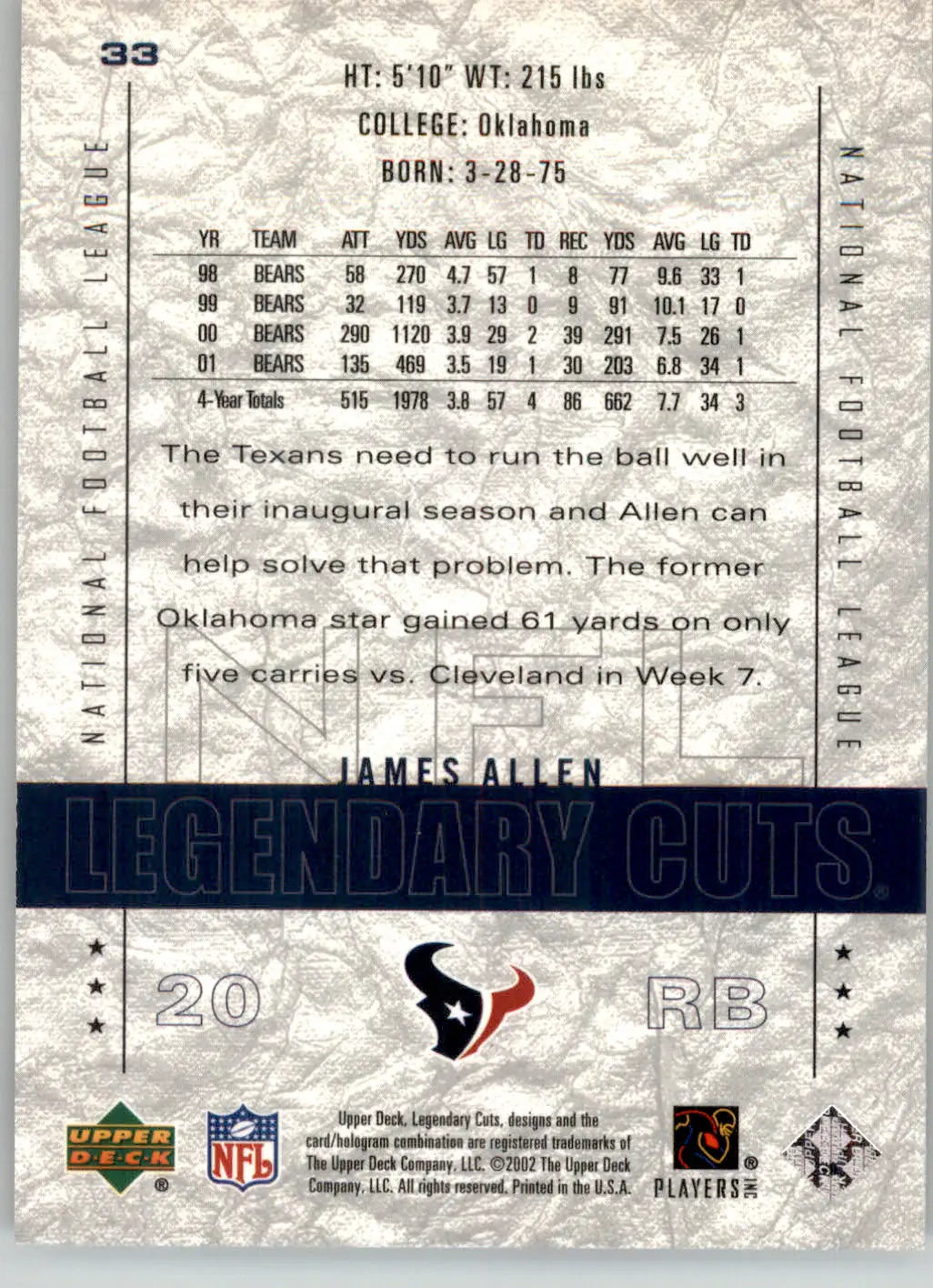 James Allen - 2002 SP Legendary Cuts - #33 - Football - Football Card Single