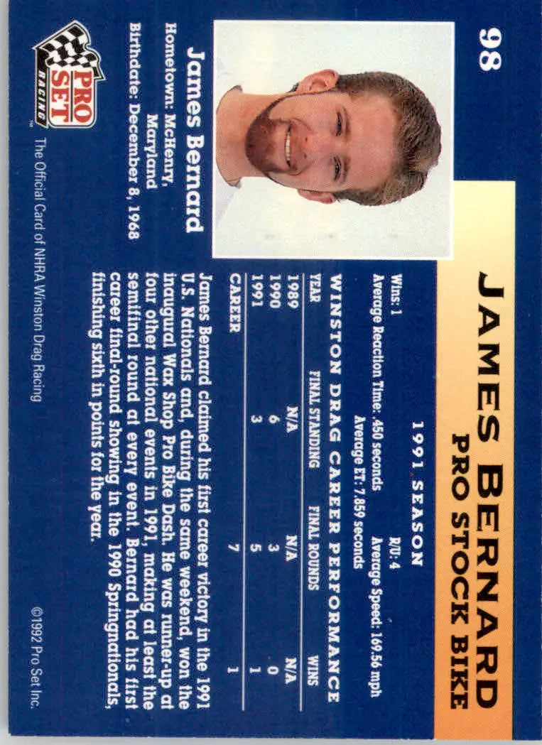 James Bernard - 1992 Pro Set NHRA - #98 - Racing - Racing Card Single