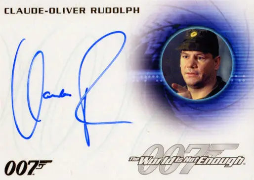Autographed trading card of Claude-Oliver Rudolph in military headgear on blue background