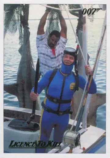 Two people fishing on a boat, showcasing the James Bond 007 Classics chase card gold parallel