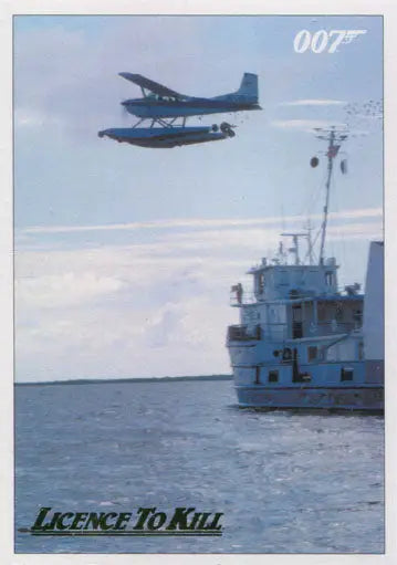 Seaplane flies over a ship, featured in James Bond 007 Gold Parallel Chase Card