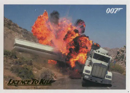 Tanker truck explosion on road in James Bond 007 Classics Gold Parallel Chase Card