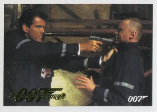 Two men in suits in a tense standoff, featured in James Bond 007 Gold Parallel trading cards
