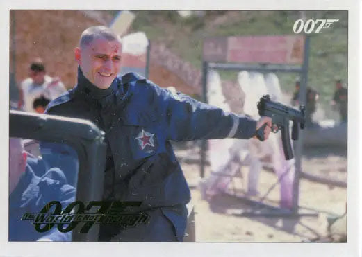 Man in dark jacket with submachine gun, featured in Gold Parallel trading card