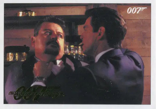 Two men in suits confront each other at a bar in a James Bond 007 gold parallel trading card
