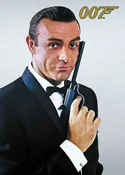 Man in tuxedo with gun and 007 logo on James Bond 50th promo card for trading cards