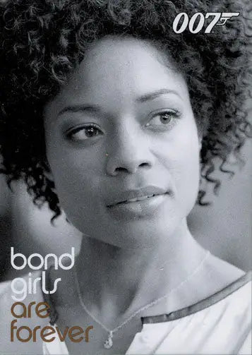 Close-up black and white portrait of Moneypenny from James Bond chase card design