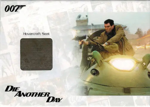 Movie memorabilia card from James Bond featuring a motorcycle chase and hovercraft seat