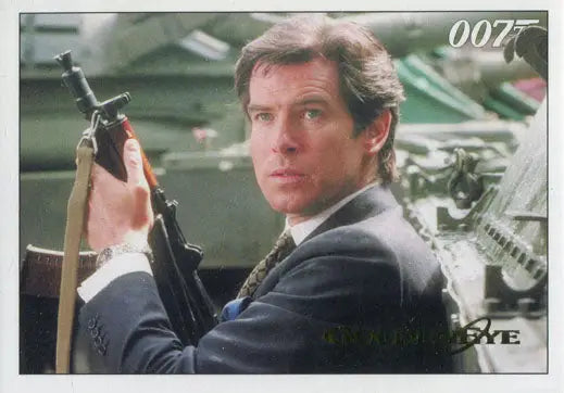 Man in a suit holding a submachine gun from Goldeneye Gold Parallel Chase Card