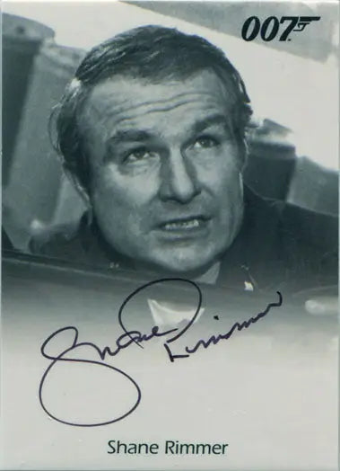 Black and white portrait of Shane Rimmer for James Bond Archives autograph card